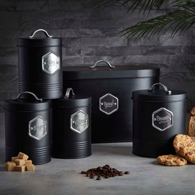 Cooks Professional 5 Piece Tea Coffee Sugar Bread & Biscuit Cannister SetLabelled Kitchen Storage TinsBlack & Silver from B&Q