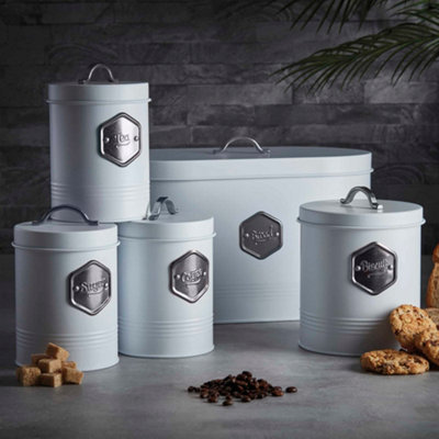Cooks Professional 5 Piece Tea Coffee Sugar Bread & Biscuit Cannister Set | Labelled Storage Tins, Containers with Airtight Lids, Canisters for Kitchen Accessories & Essentials | White & Silver - Image 6