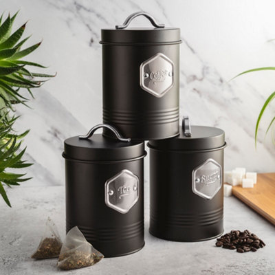 B&Q -  3 Piece Tea Coffee Sugar Cannister SetLabelled Kitchen Storage Tins With Airtight LidsBlack & Silver
