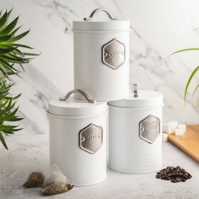 B&Q -  3 Piece Tea Coffee Sugar Cannister SetLabelled Kitchen Storage Tins With Airtight LidsWhite & Silver