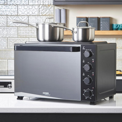 Cooks Professional 48L Mini Oven With 2 Hobs - Electric Countertop Grill Cooker With Adjustable Temp & Timer - Black