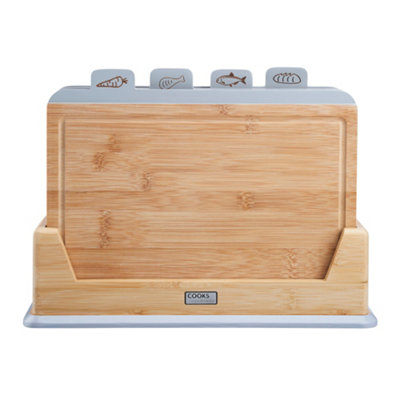 Cooks Professional Set Of 4 Index Bamboo Chopping Boards With Stand & Tabs - Wooden Food Prep Cutting Blocks - Grey