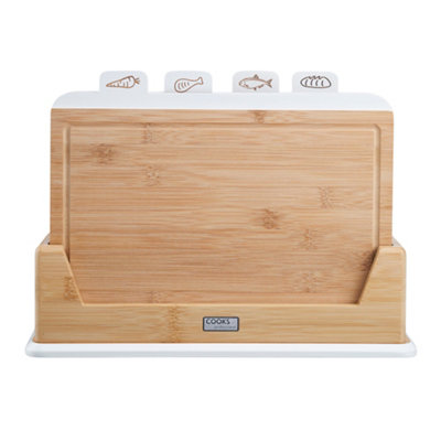Cooks Professional Set Of 4 Index Bamboo Chopping Boards With Stand & Tabs - Wooden Food Prep Cutting Blocks - White