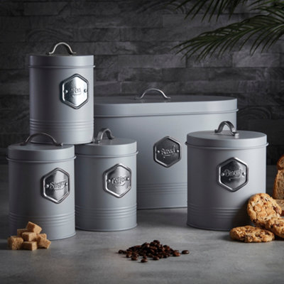 B&Q -  5 Piece Tea Coffee Sugar Bread & Biscuit Cannister SetLabelled Kitchen Storage TinsGrey & Silver
