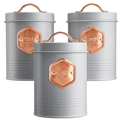 Cooks Professional 3 Piece Tea Coffee Sugar Cannister Set - Labelled Kitchen Storage Tins With Airtight Lids - & Copper Grey