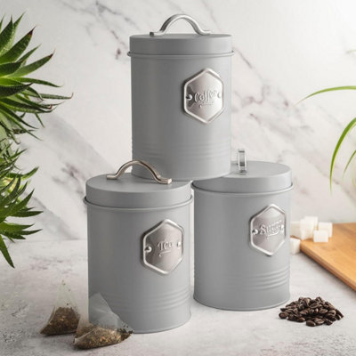 B&Q -  3 Piece Tea Coffee Sugar Cannister SetLabelled Kitchen Storage Tins With Airtight LidsGrey & Silver