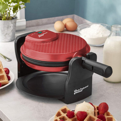Cooks Professional Rotary Waffle Maker Machine 920W With Non-Stick Cooking PlatesLockFolding Handle & Drip TrayRed from B&Q