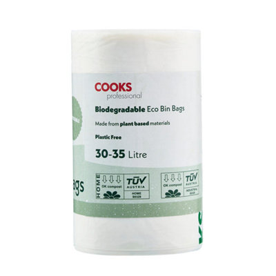 Cooks Professional Pack Of 25 Biodegradable Compostable Bin Bags 30-35L - Eco-Friendly Plant-Based Garbage Or Recycling Liners