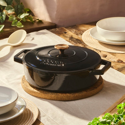 Cooks Professional Cast Iron Shallow Casserole Dish 28Cm4.8L Cooking Pan With Lid & HandlesSuitable For All HobsBlack from B&Q