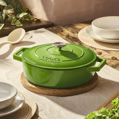 Cooks Professional Cast Iron Shallow Casserole Dish 28Cm4.8L Cooking Pan With Lid & HandlesSuitable For All HobsGreen from B&Q