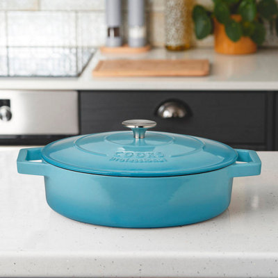 Cooks Professional Cast Iron Shallow Casserole Dish 28Cm4.8L Cooking Pan With Lid & HandlesSuitable For All HobsBlue from B&Q
