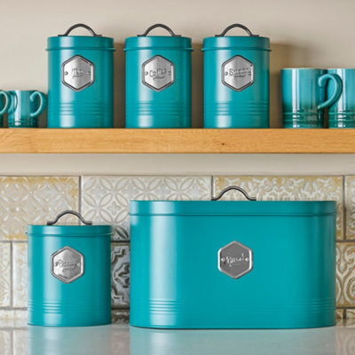 Cooks Professional 5 Piece Tea Coffee Sugar Bread & Biscuit Cannister SetLabelled Kitchen Storage TinsTeal & Silver from B&Q