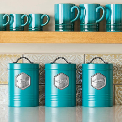 B&Q -  3 Piece Tea Coffee Sugar Cannister SetLabelled Kitchen Storage Tins With Airtight LidsTeal & Silver