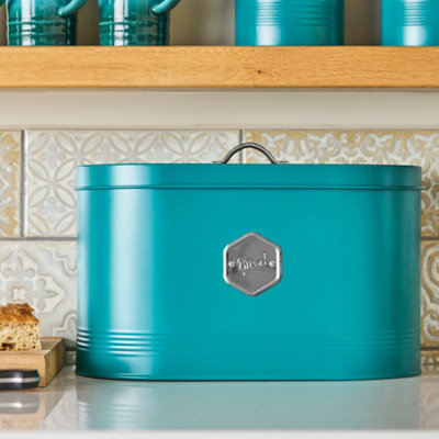 Cooks Professional Silver Kitchen Storage Bread Bin With Nameplate - Teal