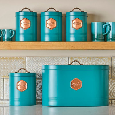 Cooks Professional 5 Piece Tea Coffee Sugar Bread & Biscuit Cannister SetLabelled Kitchen Storage TinsTeal & Copper from B&Q