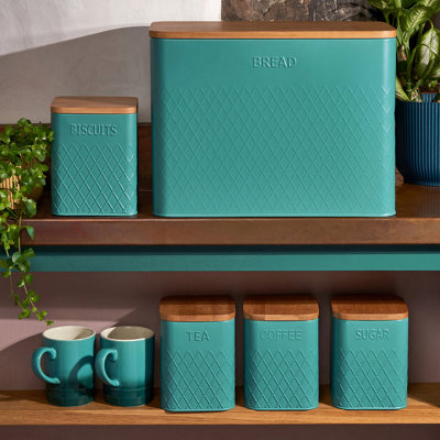 Cooks Professional Piece Tea, Coffee, Sugar, Biscuit & Bread Square Cannister Set With Bamboo Lids & Diamond Pattern - Teal Size 5