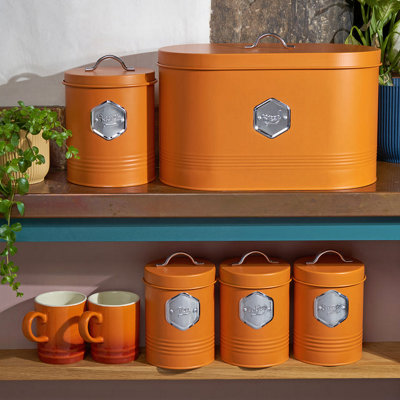 Cooks Professional 5 Piece Tea Coffee Sugar Bread & Biscuit Cannister Set - Labelled Kitchen Storage Tins - & Orange/Silver