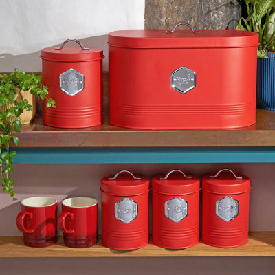 Cooks Professional 5 Piece Tea Coffee Sugar Bread & Biscuit Cannister SetLabelled Kitchen Storage TinsRed & Silver from B&Q