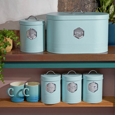 Cooks Professional 5 Piece Tea Coffee Sugar Bread & Biscuit Cannister SetLabelled Kitchen Storage TinsBlue & Silver from B&Q