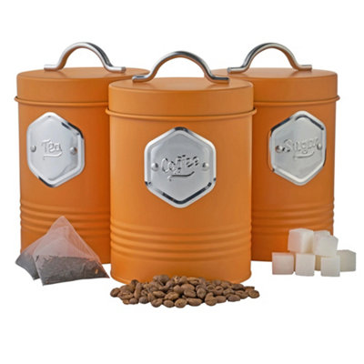 Cooks Professional 3 Piece Tea Coffee Sugar Cannister Set - Labelled Kitchen Storage Tins With Airtight Lids - & Orange/Silver