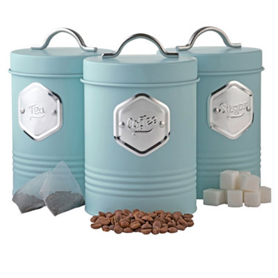 B&Q -  3 Piece Tea Coffee Sugar Cannister SetLabelled Kitchen Storage Tins With Airtight LidsBlue & Silver