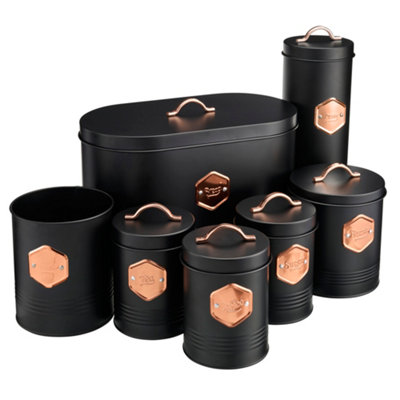 B&Q -  7Pc Tea Coffee Sugar Bread Biscuit Pasta & Utensil Cannister SetLabelled Kitchen Storage TinsBlack/copper - Image 6