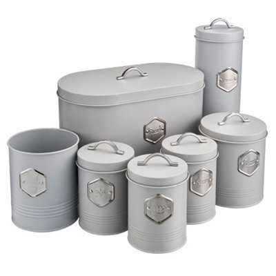Cooks Professional 7Pc Tea Coffee Sugar Bread Biscuit Pasta & Utensil Cannister Set - Labelled Kitchen Storage Tins - Grey/Silver