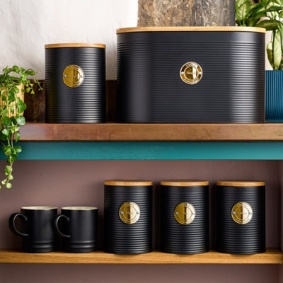 Cooks Professional 5Pc TeaCoffeeSugarBiscuit & Bread Ribbed Canister Kitchen Storage Set With Bamboo LidsBlack & Gold from B&Q
