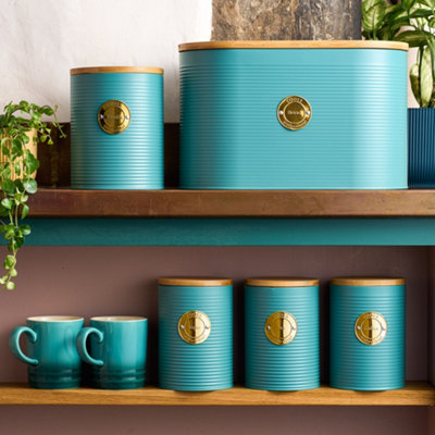 Cooks Professional Gold 5Pc Tea, Coffee, Sugar, Biscuit & Bread Ribbed Canister Kitchen Storage Set With Bamboo Lids - Teal & Size 5