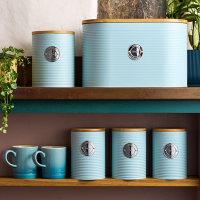 Cooks Professional Blue/Silver 5Pc Tea, Coffee, Sugar, Biscuit & Bread Ribbed Canister Kitchen Storage Set With Bamboo Lids - & Size 5