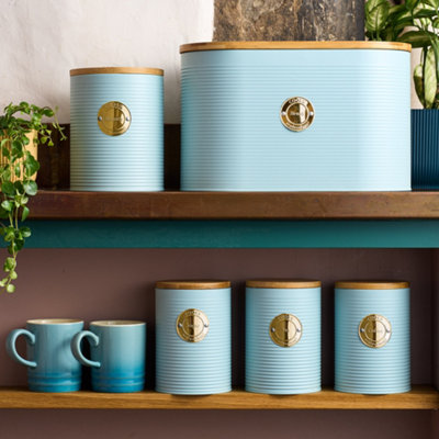 Cooks Professional Blue/Gold 5Pc Tea, Coffee, Sugar, Biscuit & Bread Ribbed Canister Kitchen Storage Set With Bamboo Lids - & Size 5