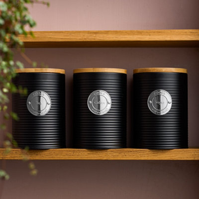 Cooks Professional Black/Silver Piece Tea, Coffee & Sugar Ribbed Canister Set With Bamboo Lids - Kitchen Storage Bins - & Size 3