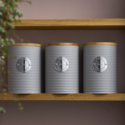 Cooks Professional Grey/Silver Piece Tea, Coffee & Sugar Ribbed Canister Set With Bamboo Lids - Kitchen Storage Bins - & Size 3