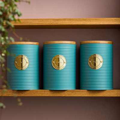 Cooks Professional Gold Piece Tea, Coffee & Sugar Ribbed Canister Set With Bamboo Lids - Kitchen Storage Bins - Teal & Size 3