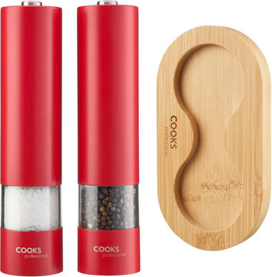 Cooks Professional Electric Salt and Pepper Mill Set - Red - Bamboo Stand - Image 4