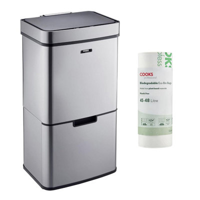 Cooks Professional 75L Recycling Sensor Bin & 25 Biodegradable Bin Bags4 Section With Food Caddy Stainless Steel Kitchen DustbinSilver from B&Q