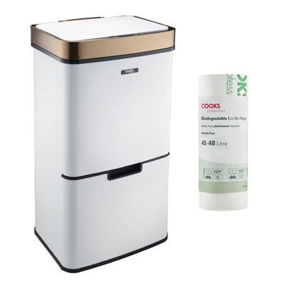 Cooks Professional 75L Recycling Sensor Bin & 25 Biodegradable Bin Bags4 Section With Food Caddy Stainless Steel Kitchen DustbinWhite & Copper from B&Q