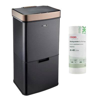 Cooks Professional 75L Recycling Sensor Bin & 25 Biodegradable Bin Bags4 Section With Food Caddy Stainless Steel Kitchen DustbinBlack & Copper from B&Q