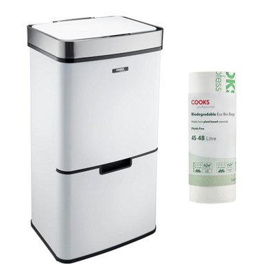 Cooks Professional 75L Recycling Sensor Bin & 25 Biodegradable Bin Bags4 Section With Food Caddy Stainless Steel Kitchen DustbinWhite & Silver from B&Q