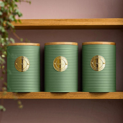 Cooks Professional Green/Gold Piece Tea, Coffee & Sugar Ribbed Canister Set With Bamboo Lids - Kitchen Storage Bins - & Size 3