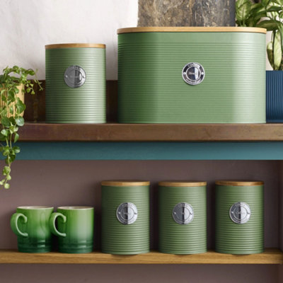 Cooks Professional 5Pc TeaCoffeeSugarBiscuit & Bread Ribbed Canister Kitchen Storage Set With Bamboo LidsGreen & Silver from B&Q