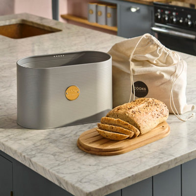 B&Q -  Ribbed Bread Bin With Linen Bag & 2-In-1 Bamboo Cutting Board LidGrey & Gold