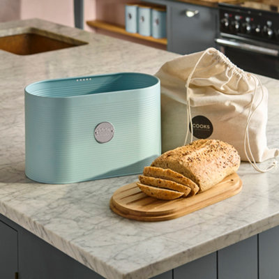 B&Q -  Ribbed Bread Bin With Linen Bag & 2-In-1 Bamboo Cutting Board LidBlue & Silver