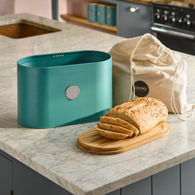 B&Q -  Ribbed Bread Bin With Linen Bag & 2-In-1 Bamboo Cutting Board LidTeal & Silver