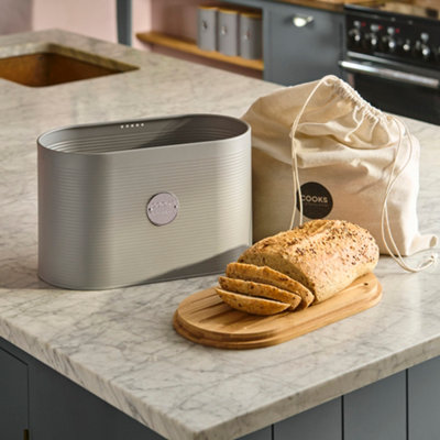 B&Q -  Ribbed Bread Bin With Linen Bag & 2-In-1 Bamboo Cutting Board LidGrey & Silver