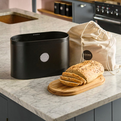 B&Q -  Ribbed Bread Bin With Linen Bag & 2-In-1 Bamboo Cutting Board LidBlack & Silver
