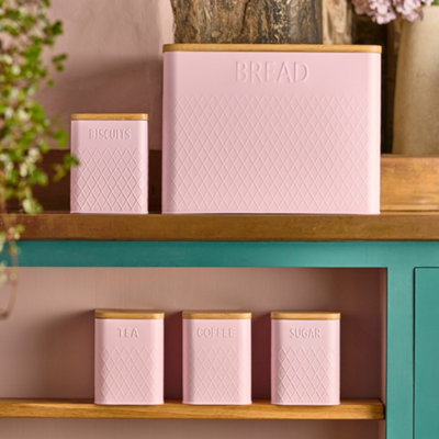 Cooks Professional Pink Piece Tea, Coffee, Sugar, Biscuit & Bread Square Cannister Set With Bamboo Lids & Diamond Pattern Size 5