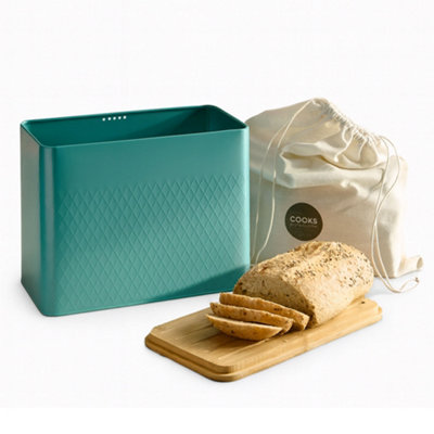 Cooks Professional Diamond Pattern Bread Bin With Linen Bag & Bamboo Cutting Board Lid - Teal
