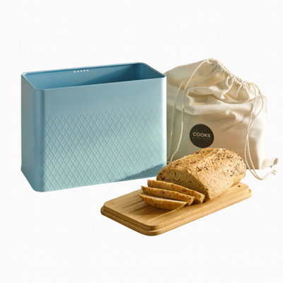 Cooks Professional Blue Diamond Pattern Bread Bin With Linen Bag & Bamboo Cutting Board Lid