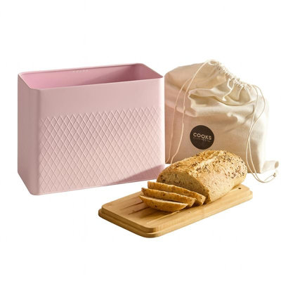 Cooks Professional Pink Diamond Pattern Bread Bin With Linen Bag & Bamboo Cutting Board Lid